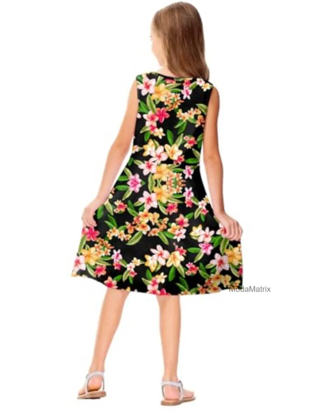 Girls Sleeveless Twirly Skater Dress Summer Tropical Print 3-14Y